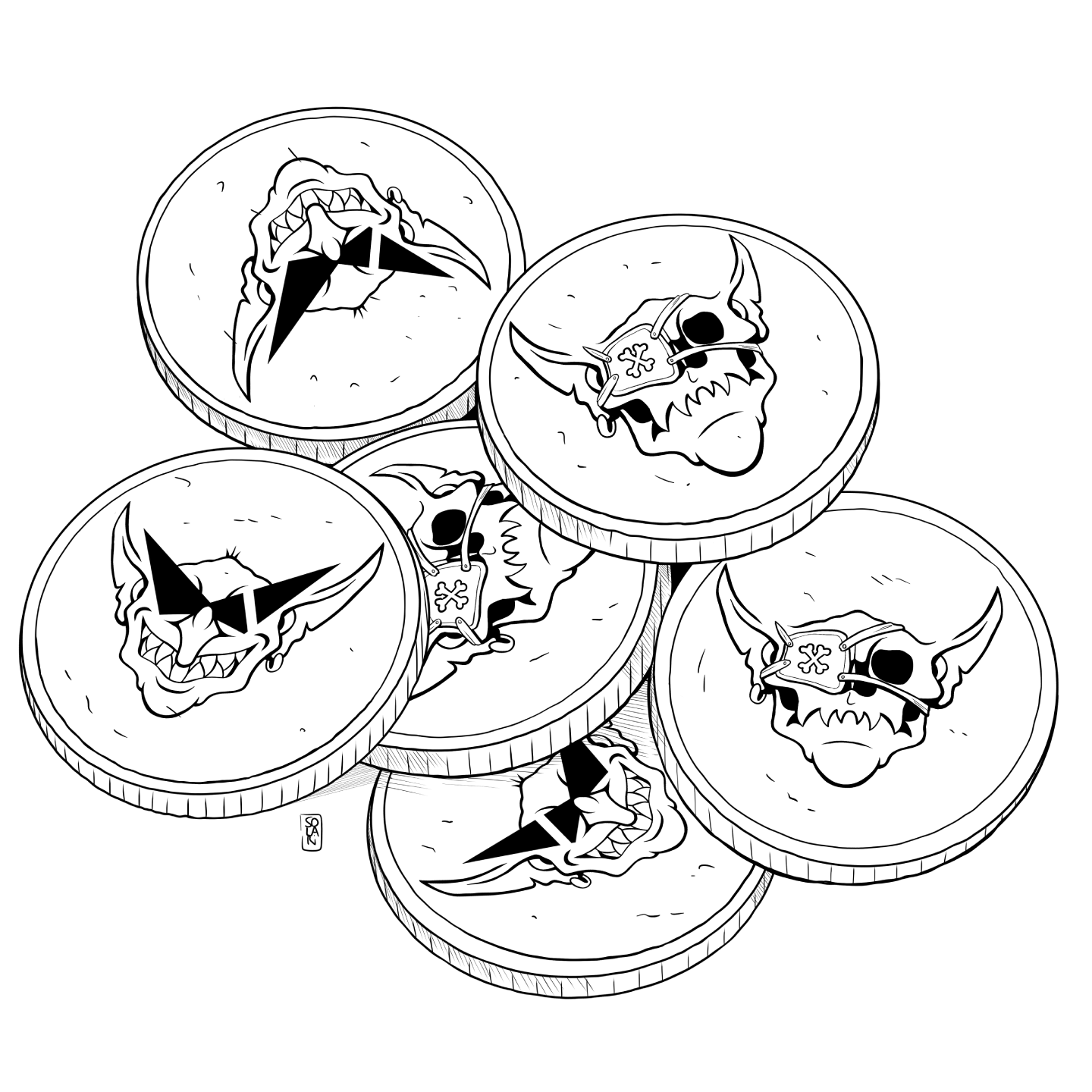A pile of six goblin luck coins, each showing a snarling goblin skull face