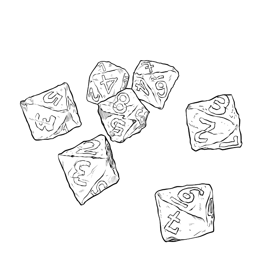 A scattered pile of six eight-sided dice