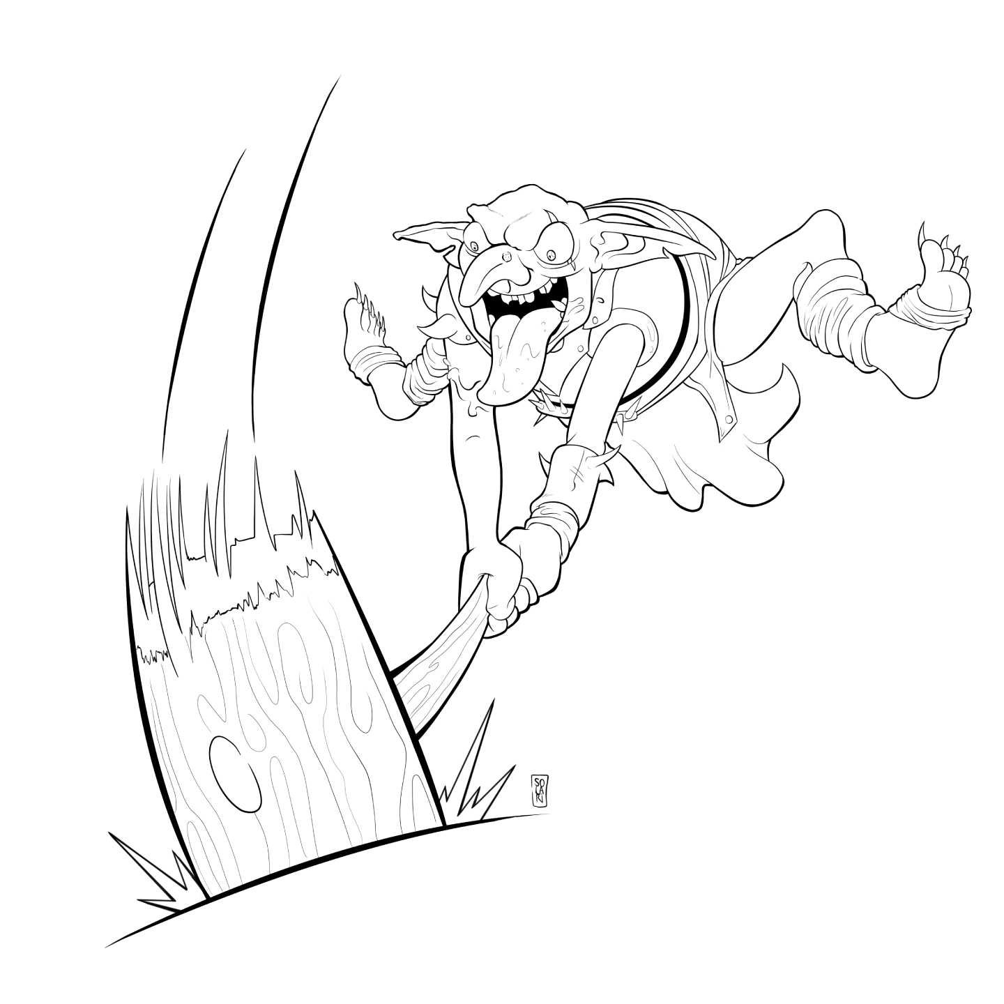 A goblin smashing a mace down onto a tree stump