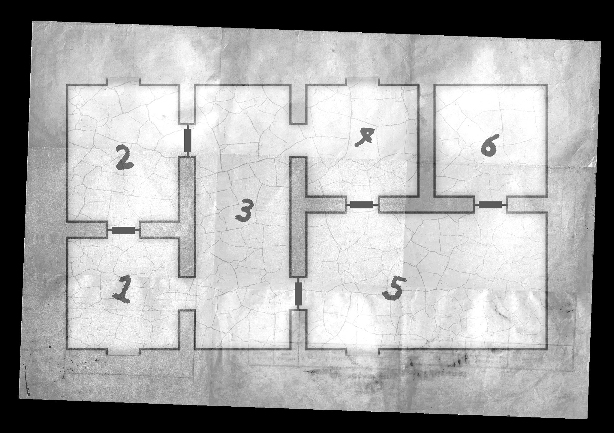 GM map of the Rat Hunting adventure, showing six connected rooms numbered 1 to 6