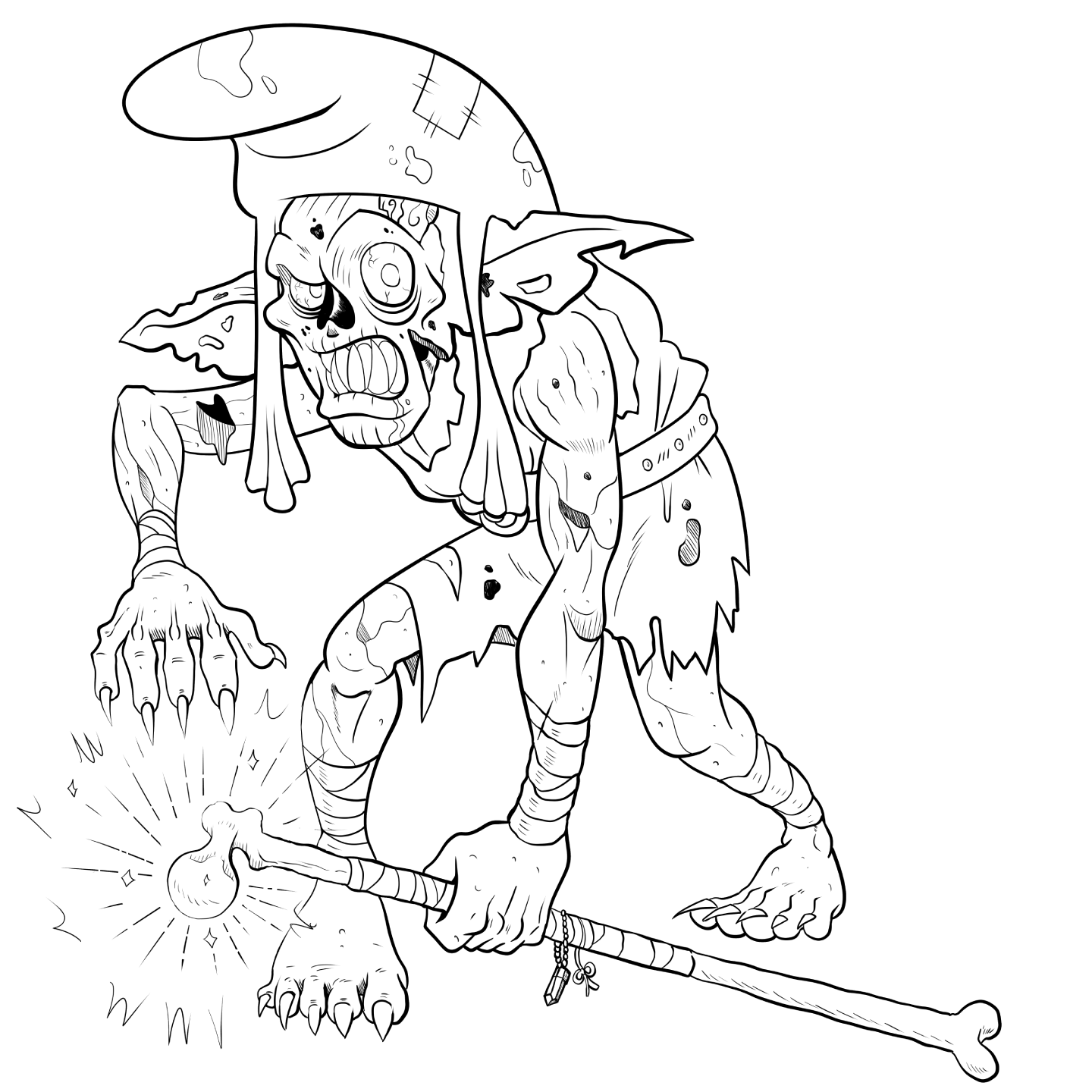 A shambling, undead goblin wielding a bone club, illustration for the Redcap creature