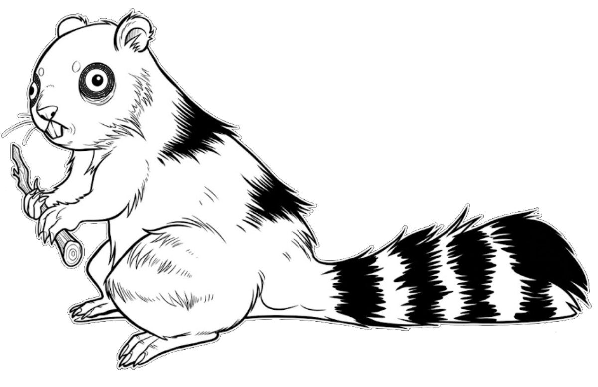 A Twig-Trapper, a raccoon-like creature with a striped tail, gnawing on a twig
